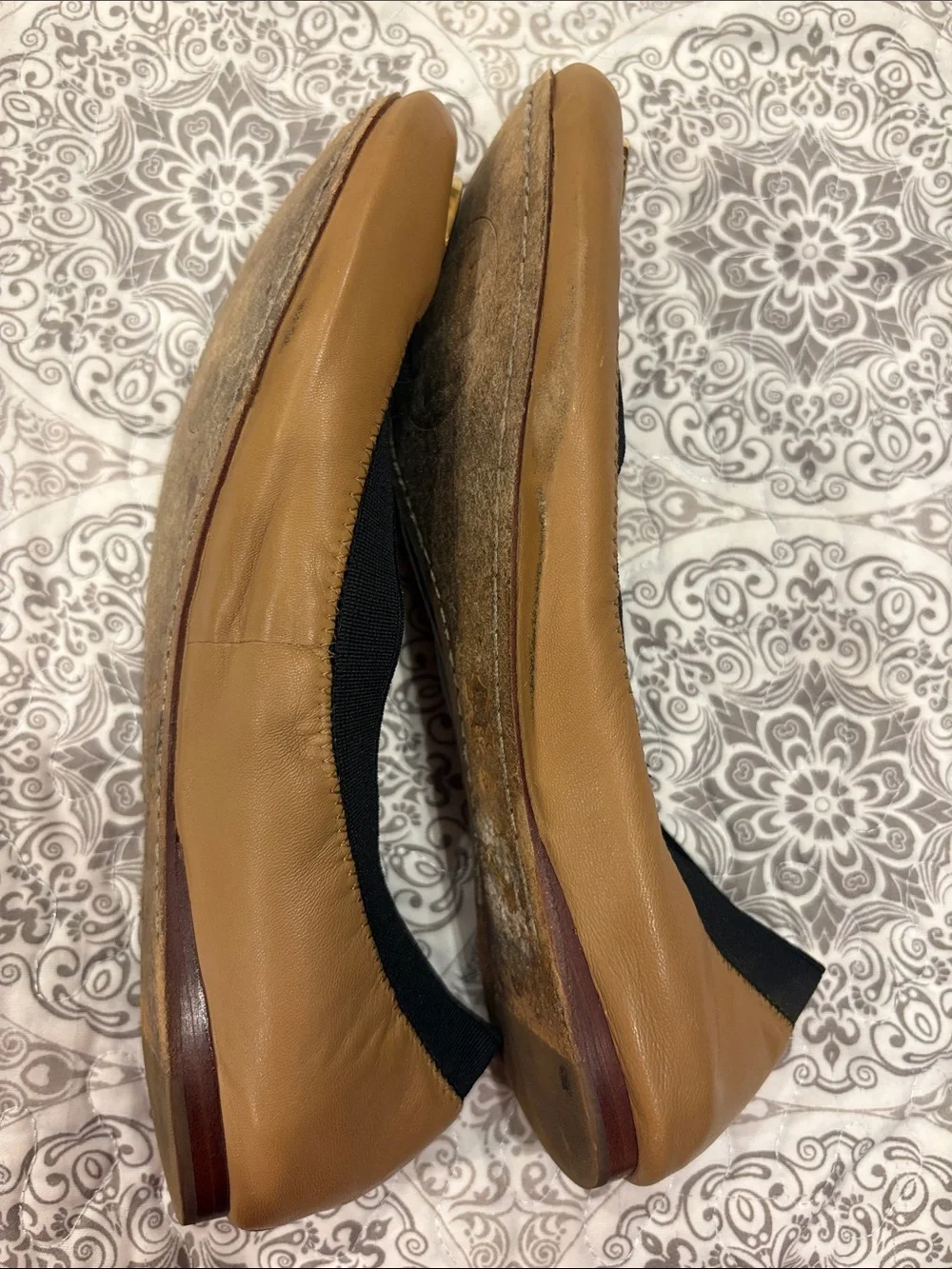 Tory Burch Tan Leather Logo Ballet Flats with Black Trim